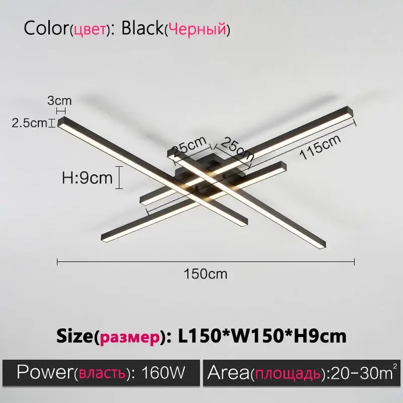 DecorBites™ modern black chandelier square with sleek intersecting rectangular bars LED light for bedroom and living room