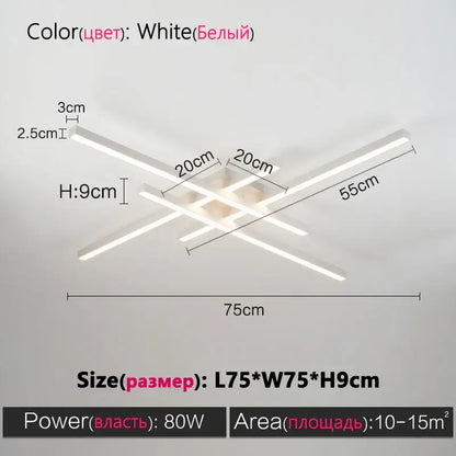 White modern led ceiling light fixture with intersecting rectangular bars complementing black chandelier square design