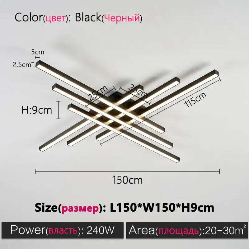 Decorbites™ modern black chandelier square led ceiling light fixture with intersecting rectangular bars for living room