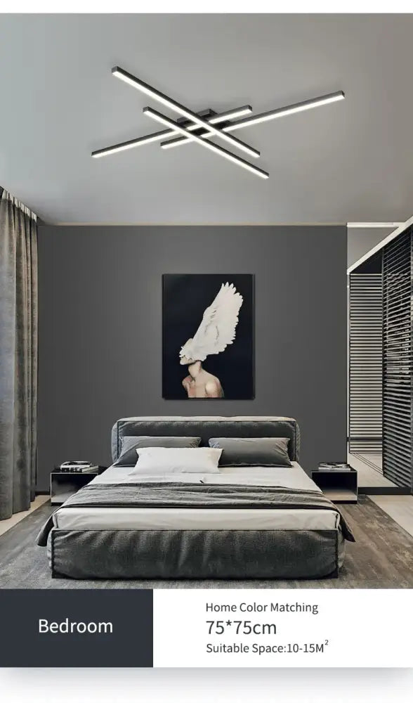 DecorBites™ modern black chandelier square LED light fixture with intersecting linear bars for bedroom and living room