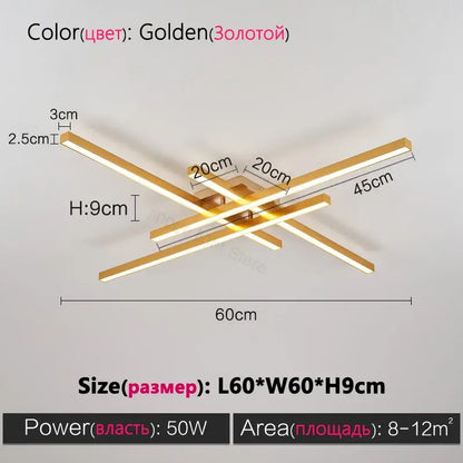 DecorBites modern black chandelier square with golden cross-shaped LED lights and sleek metallic bars for living room