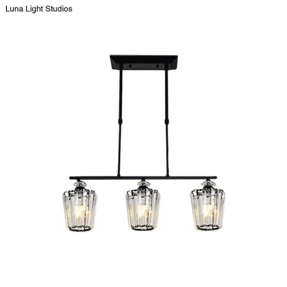 Modern black metal pendant light with three cylindrical crystal shades suitable for led incandescent fluorescent bulbs