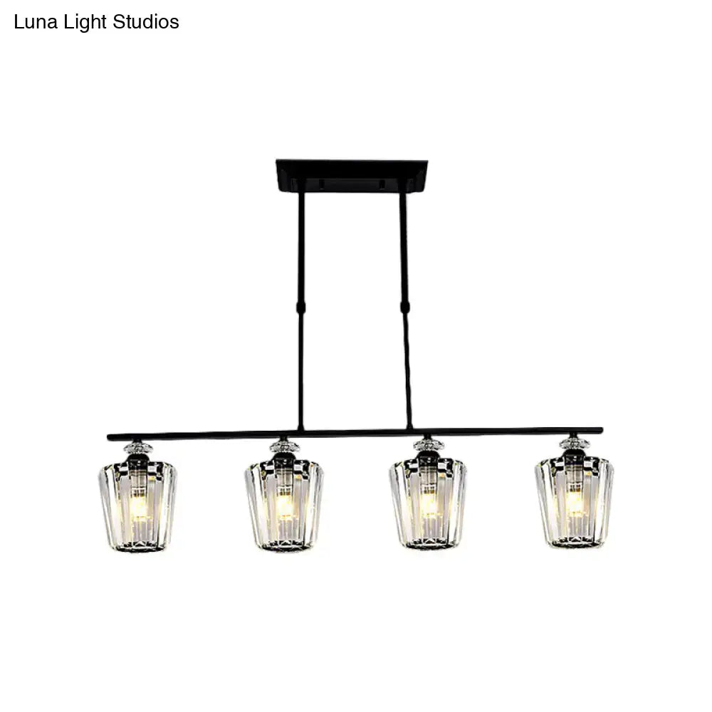 Decorbites modern black metal island chandelier with four cylindrical crystal shade glass heads for led incandescent fluorescent bulbs