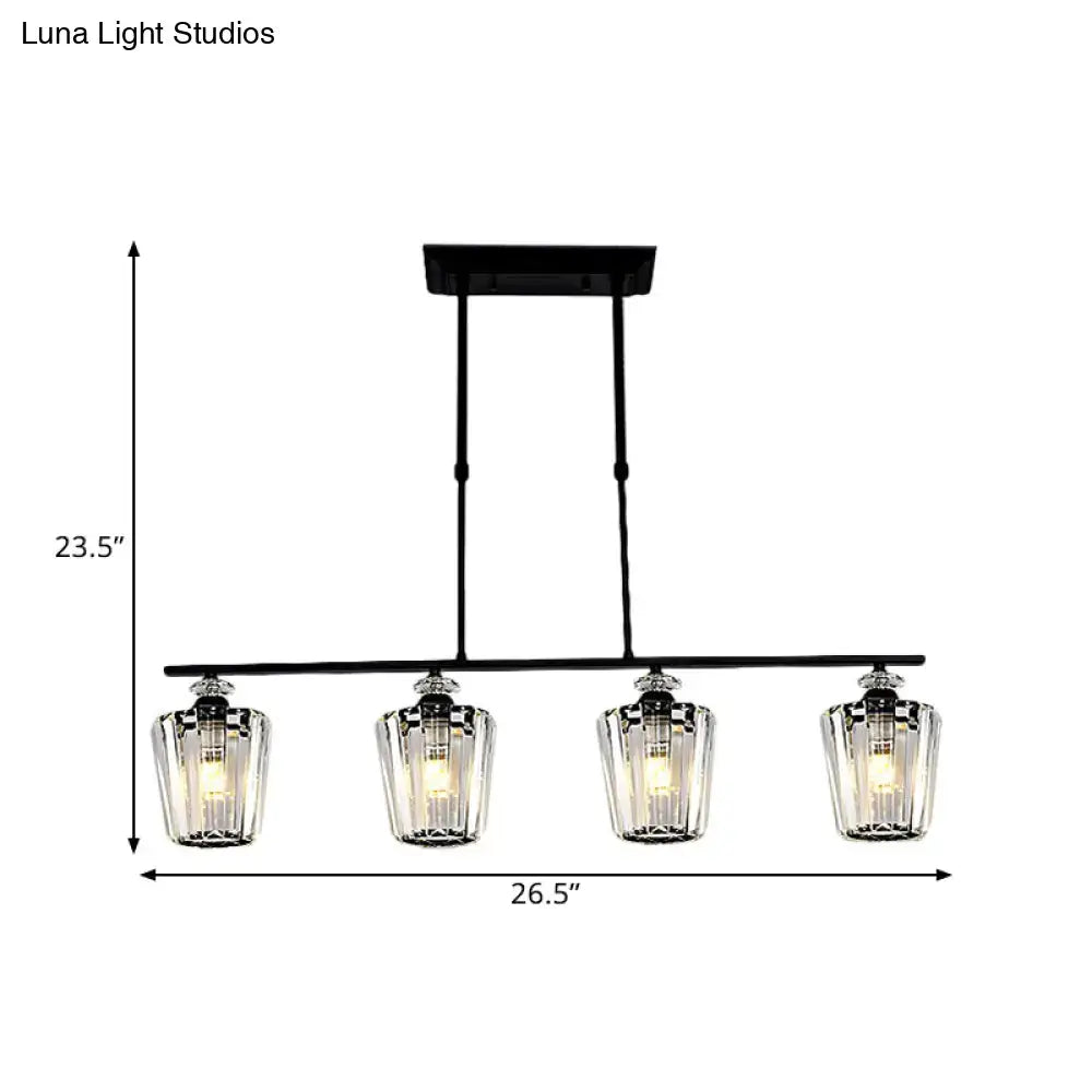 DecorBites modern black metal island chandelier with four cylindrical crystal shade LED incandescent fluorescent lights