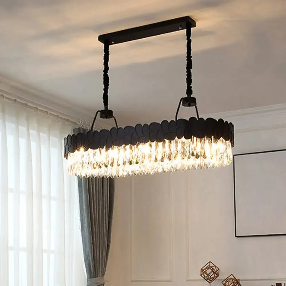 Decorbites™ modern black oval island chandelier with 8 heads featuring clear crystal blocks for dining room lighting