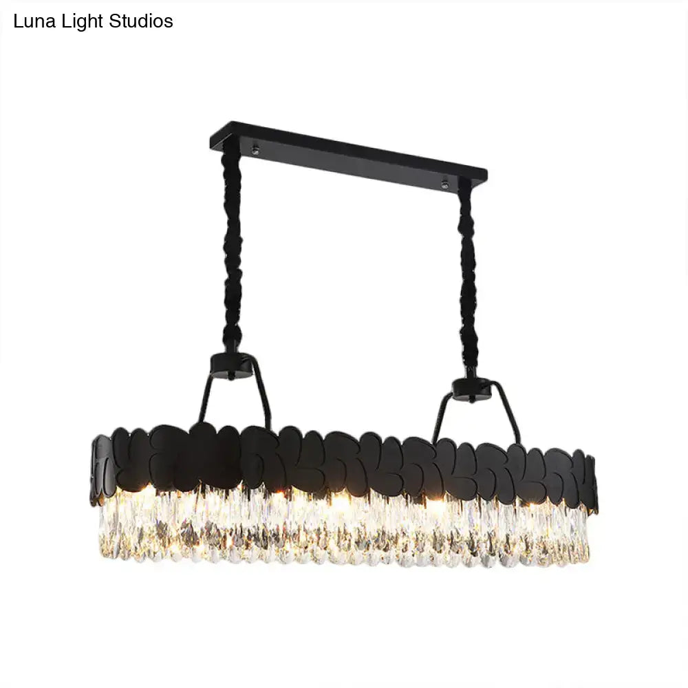 DecorBites modern black oval island chandelier with 8 heads featuring cascading clear crystal blocks for dining room