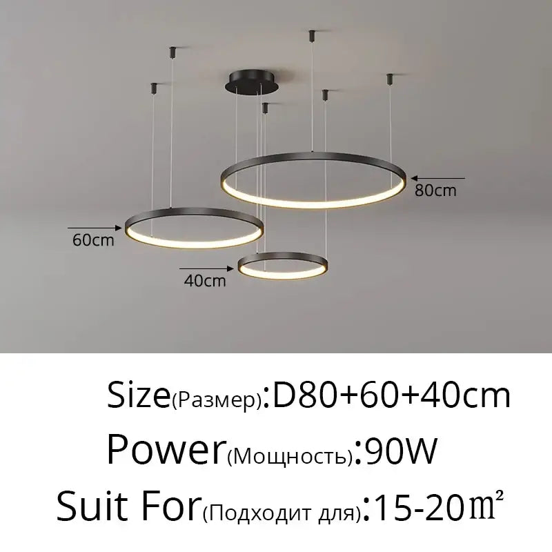DecorBites modern black pendant light with three warm white LED rings for living room dimmable illumination