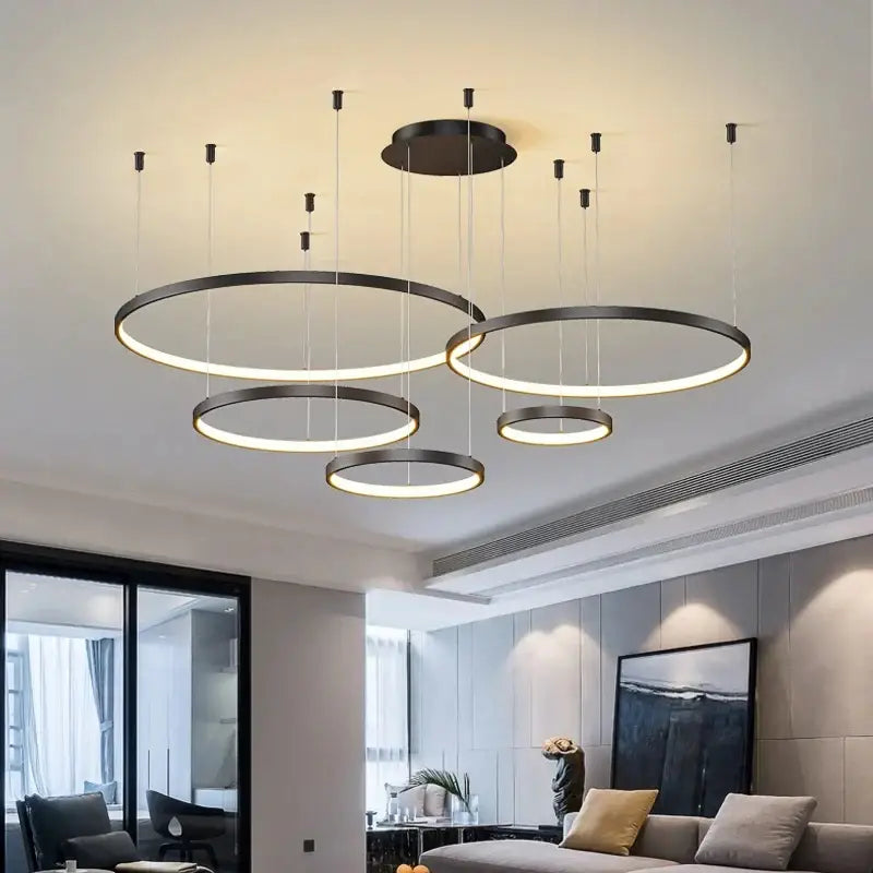 Modern black pendant light with illuminated circular rings hanging from ceiling for living room decorbites dimmable