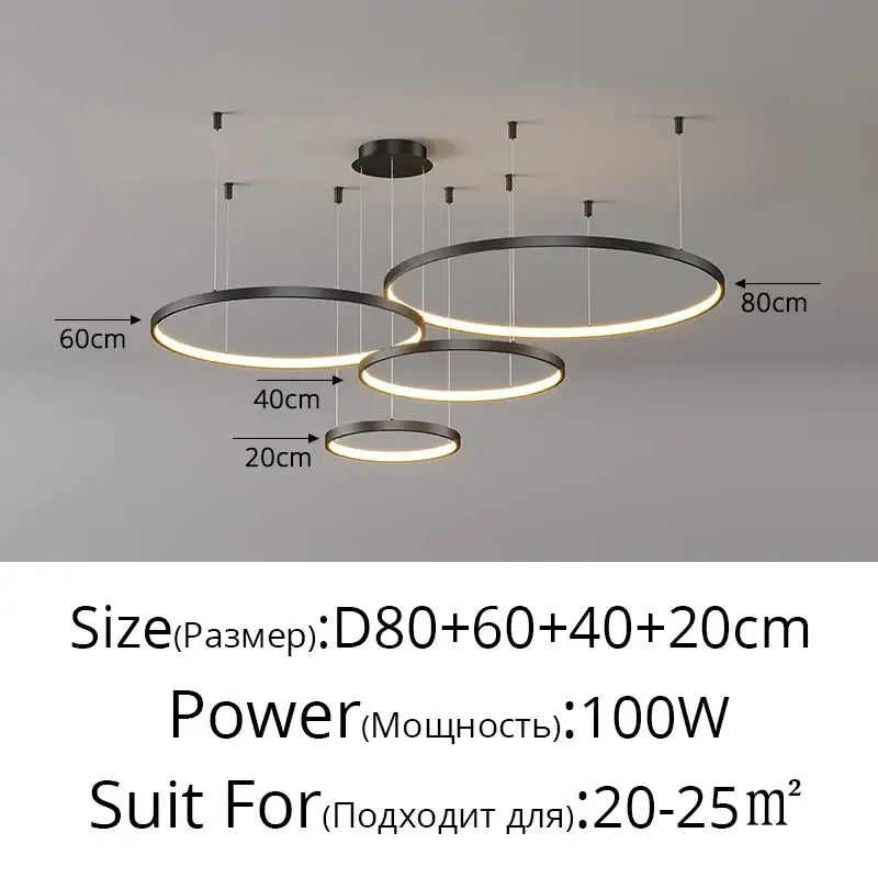 DecorBites modern black pendant light with three concentric LED rings emitting warm glow for living room decor