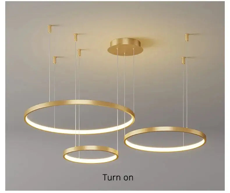 Modern black pendant light with gold-finished circular LED design, dimmable for stylish living room decor by DecorBites