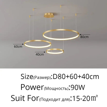 Modern gold-toned circular led chandelier with three concentric rings for living room pendant light by DecorBites™