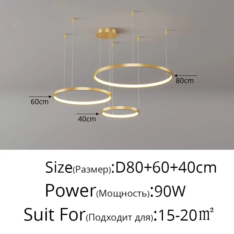 Modern gold-toned circular led chandelier with three concentric rings for living room pendant light by DecorBites™