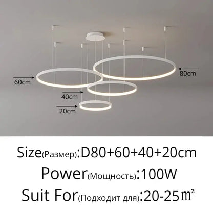 Decorbites modern black pendant light featuring a white circular led chandelier with multiple ring sizes for living room