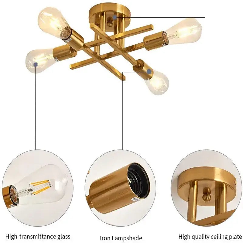Decorbites™ modern black sputnik semi flush mount chandelier with gold finish and four exposed edison bulbs