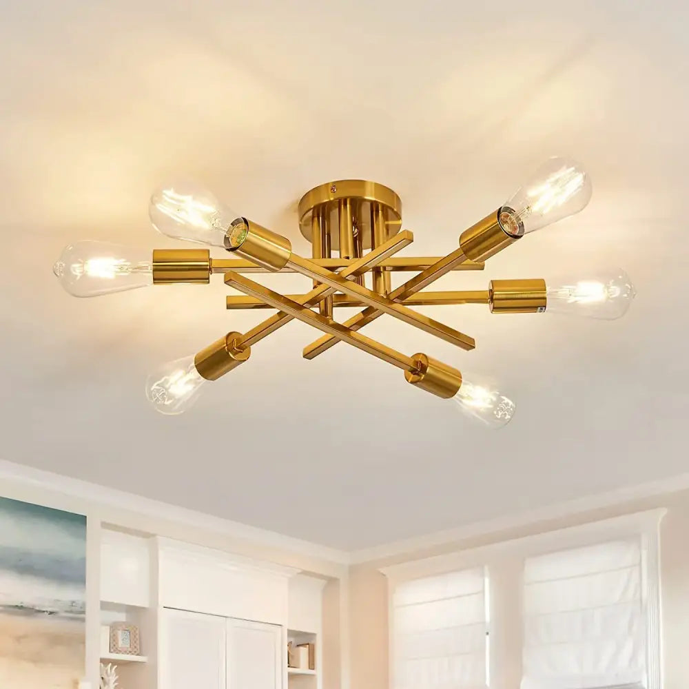 Decorbites™ modern black sputnik chandelier flush mount with gold-toned intersecting brass arms and six filament bulbs