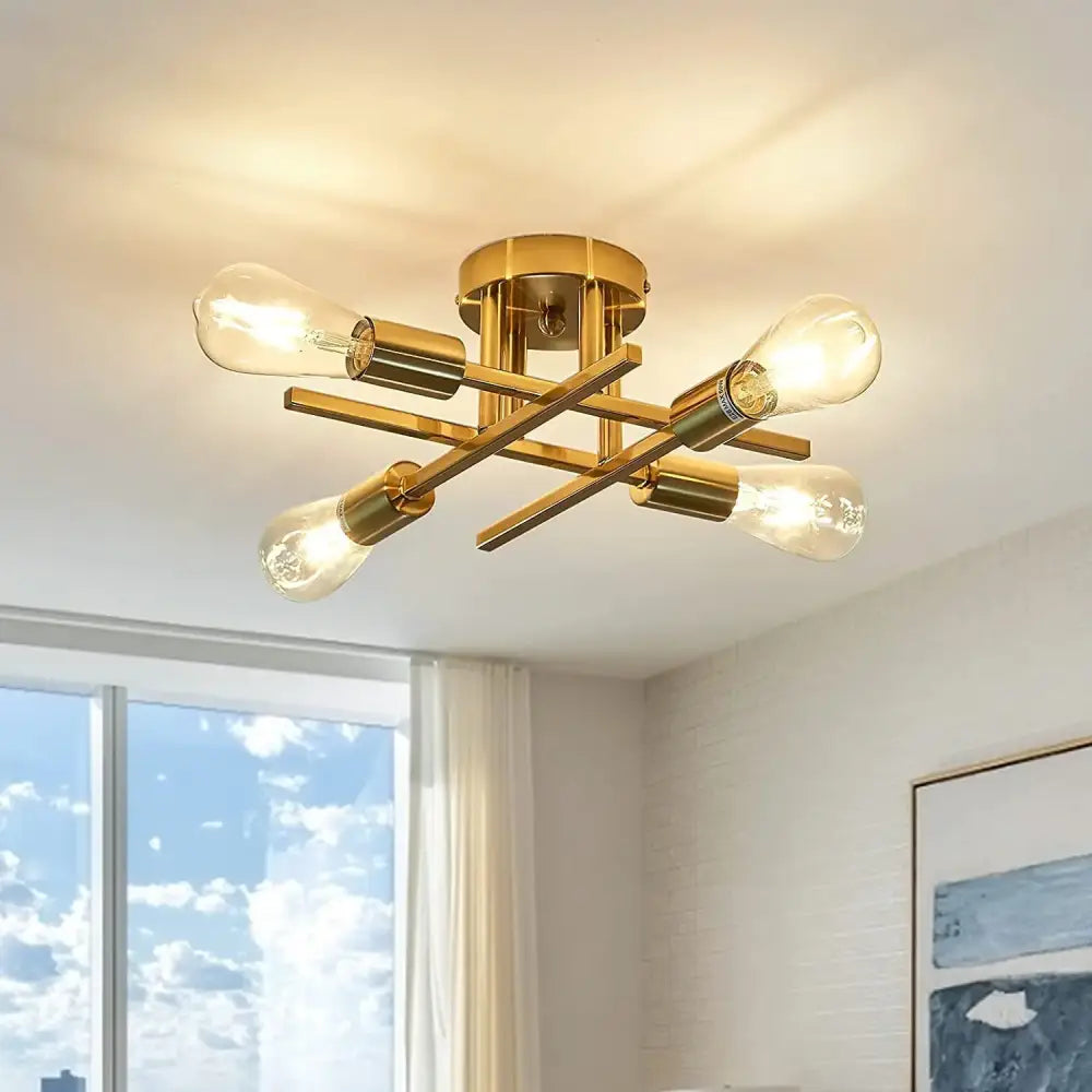 Decorbites™ modern black sputnik chandelier flush mount with gold-toned semi flush mount and four exposed filament bulbs