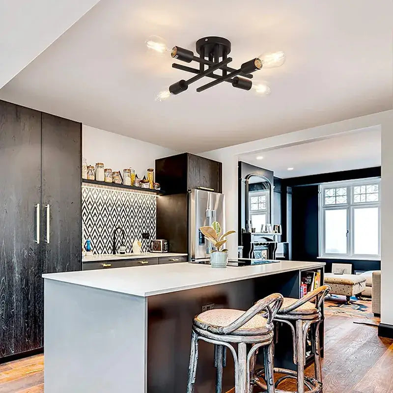 Decorbites modern black sputnik chandelier flush mount with black industrial-style exposed bulb sockets semi flush mount