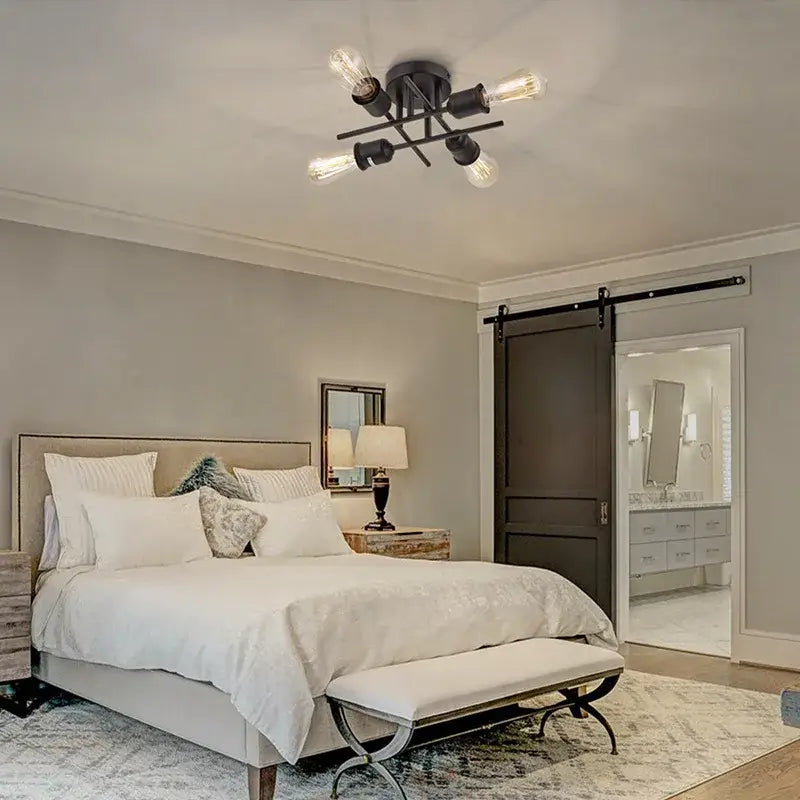 DecorBites modern black Sputnik chandelier flush mount with exposed filament bulbs in industrial semi flush mount design