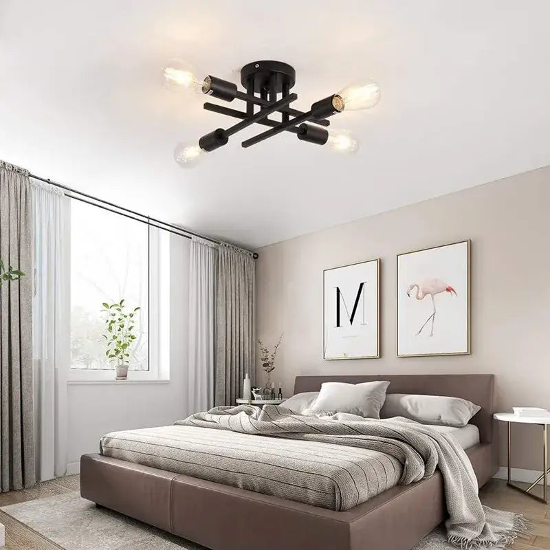 DecorBites™ modern black industrial-style sputnik chandelier flush mount with exposed bulbs and central circular base