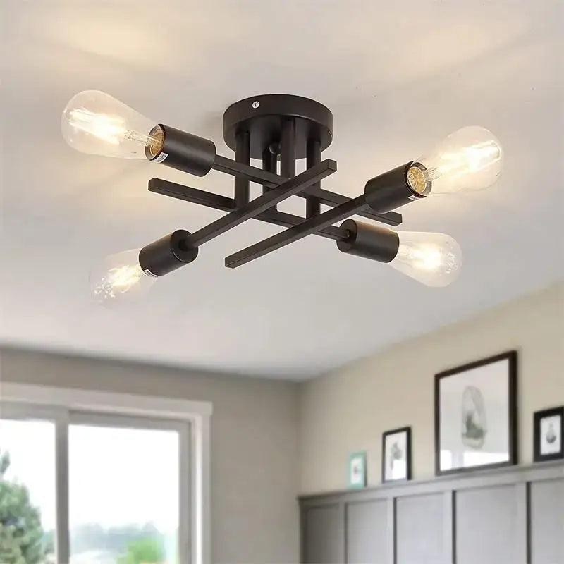 DecorBites modern black flush mount chandelier with metal frame and four exposed Edison-style bulbs for semi flush mount use