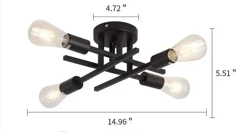 DecorBites™ modern black metal flush mount chandelier with four exposed bulb sockets and vintage Edison bulbs