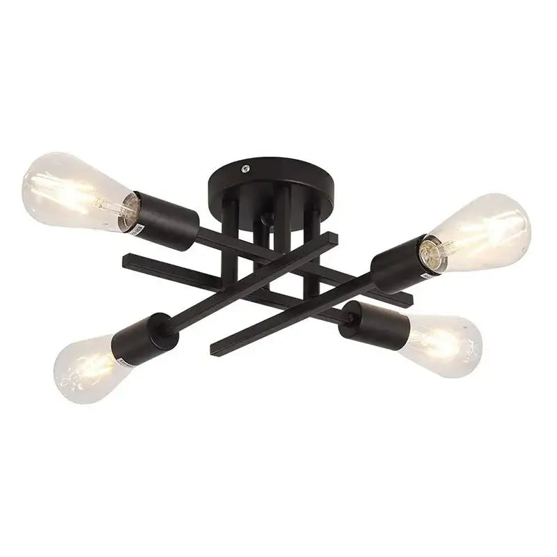 Black metal flush mount chandelier with four exposed filament bulbs modern Sputnik design by DecorBites™