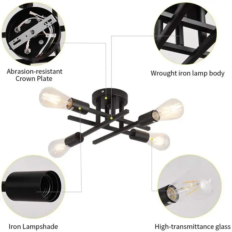 DecorBites™ modern black wrought iron flush mount chandelier with four exposed bulb sockets and glass shades