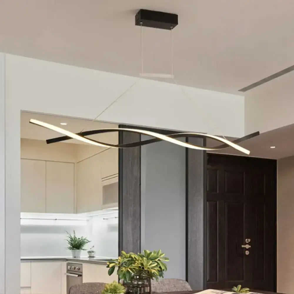 Modern black twist led pendant light with sleek curved aluminum chandelier design perfect for restaurants