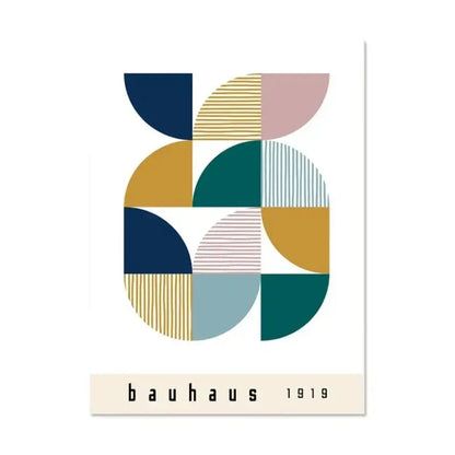 Decorbites modern black and white bauhaus canvas print featuring geometric semicircles in navy, mustard, teal, and pink for home decor