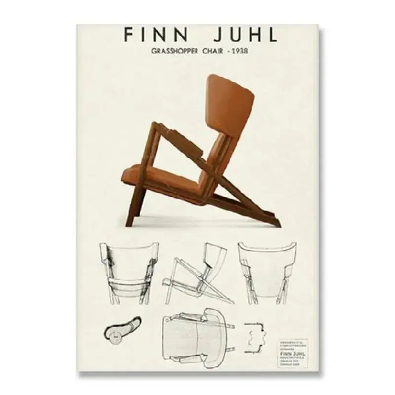 Brown leather upholstered grasshopper chair by finn juhl 1938 featured on modern black and white bauhaus canvas print