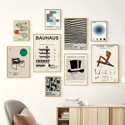 A collection of framed bauhaus canvas prints featuring minimalist designs in muted tones including black and white