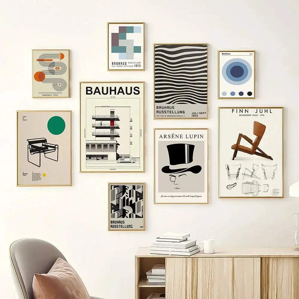 Decorbites™ modern black and white bauhaus canvas print featuring minimalist framed bauhaus and modernist art prints