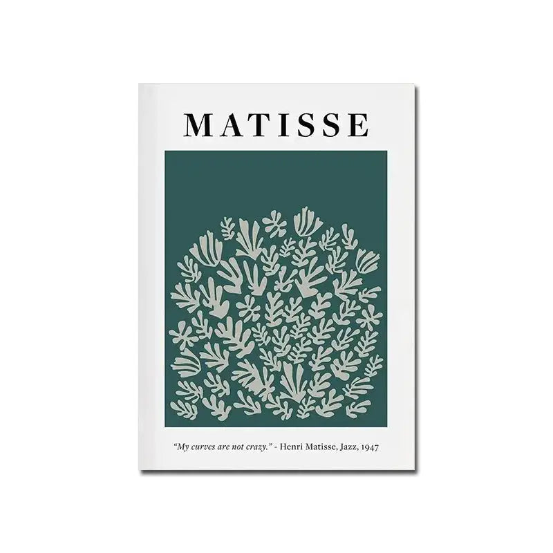 White bauhaus canvas print featuring matisse cut-out design in light gray on deep teal with artist name and quote