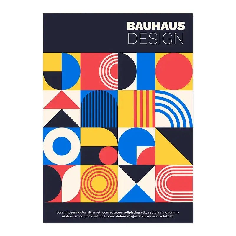 Decorbites™ modern black and white bauhaus canvas print featuring vibrant red blue yellow geometric shapes on white bauhaus canvas