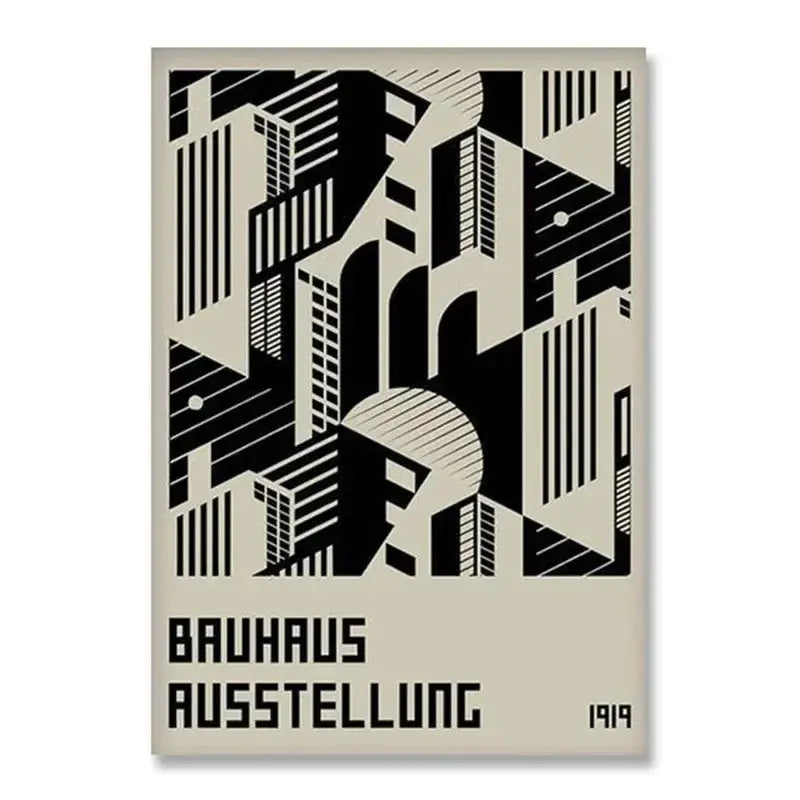 Decorbites modern black and white bauhaus canvas print with minimalist geometric building silhouettes and bold typography
