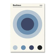 DecorBites™ modern black and white bauhaus canvas print with minimalist concentric blue circles on cream background
