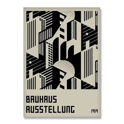 DecorBites modern black and white bauhaus canvas print with minimalist geometric building silhouettes and bold typography