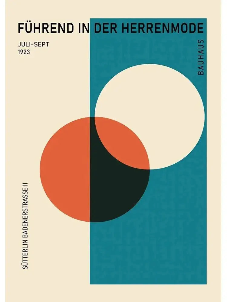 Decorbites™ modern black and white bauhaus canvas print featuring minimalist teal orange and cream geometric circles on beige