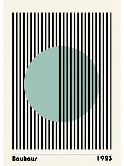 Decorbites™ modern black and white bauhaus canvas print featuring a muted teal circle and bold black stripes text bauhaus 1923