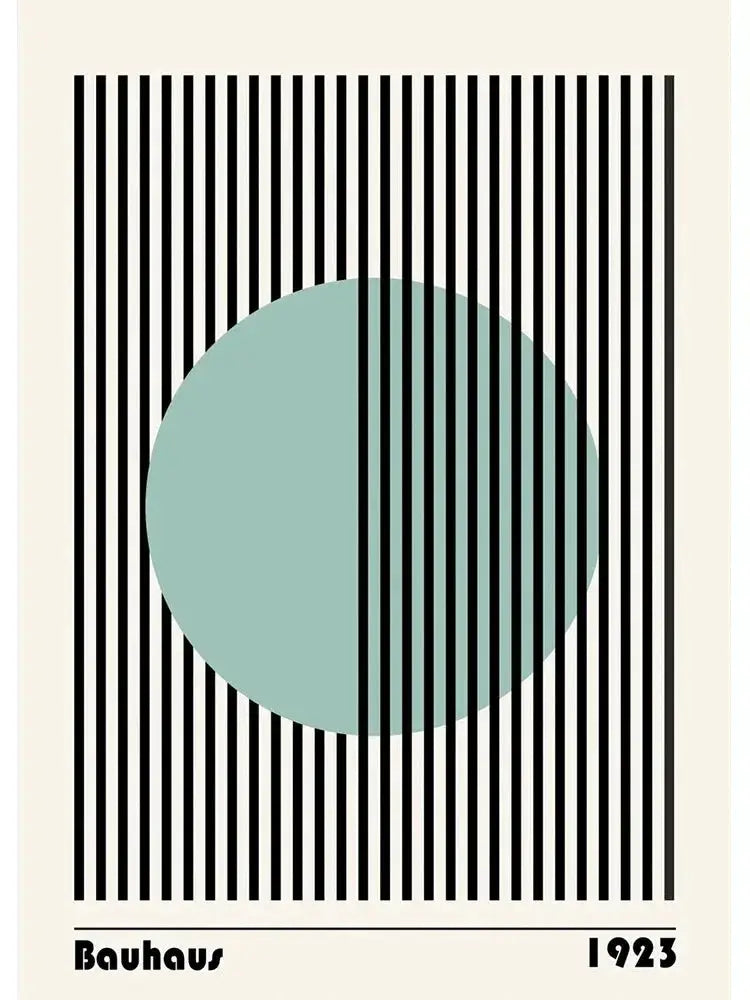Decorbites™ modern black and white bauhaus canvas print featuring a muted teal circle and bold black stripes text bauhaus 1923