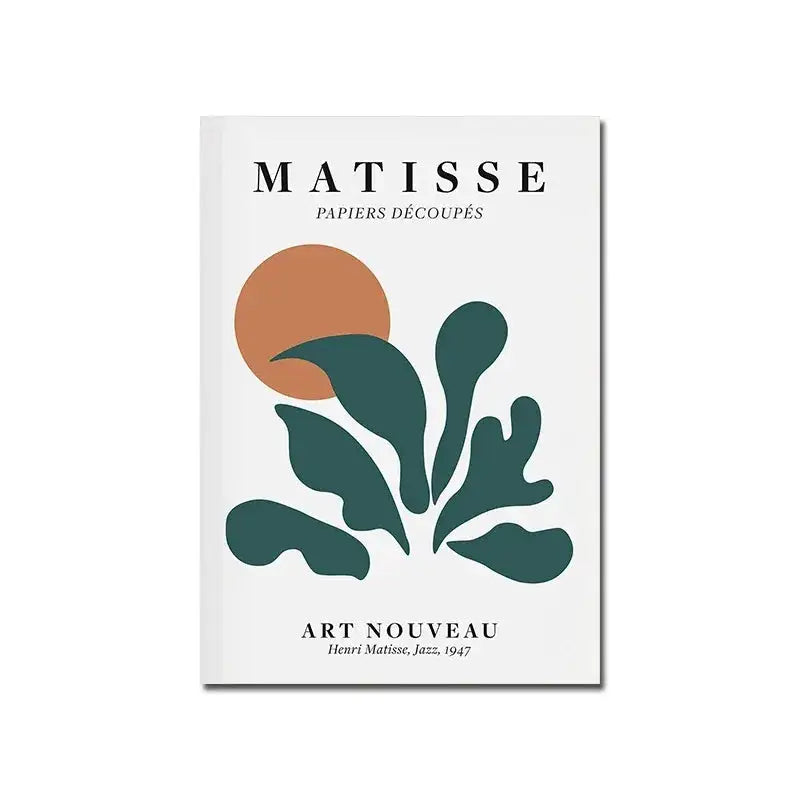 Minimalist white bauhaus canvas print with bold black text and teal leaves on terracotta circle for modern decor