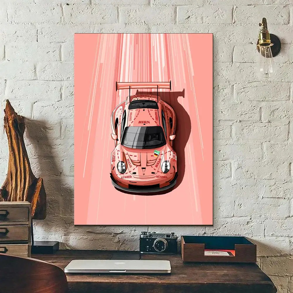 Decorbites™ modern cartoon racing car canvas wall art featuring a pink illustrated porsche racing car poster