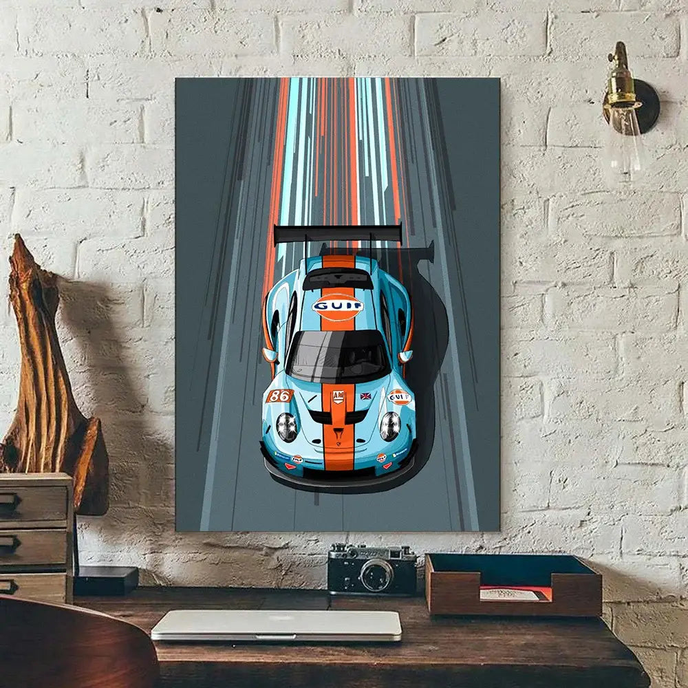 Decorbites™ modern cartoon racing car canvas wall art featuring a vibrant blue and orange racing car illustration
