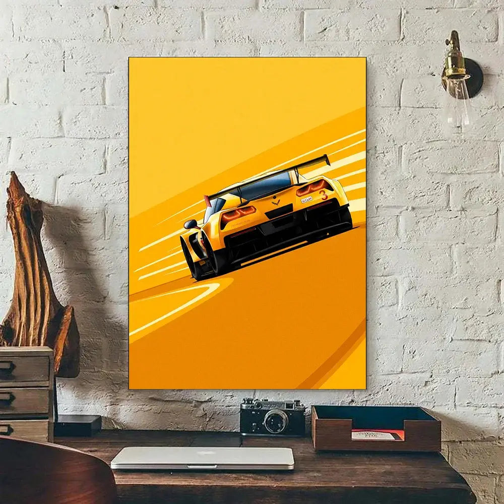 DecorBites™ modern cartoon racing car canvas wall art featuring a vibrant yellow corvette with black accents