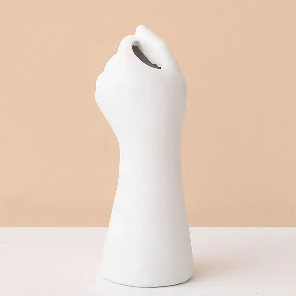 White ceramic arm vase shaped like a raised fist by decorbites™ modern flower vase for unique decor