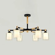 DecorBites modern chic cylinder hanging pendant lamp with black wood frame and six frosted glass LED incandescent fluorescent shades