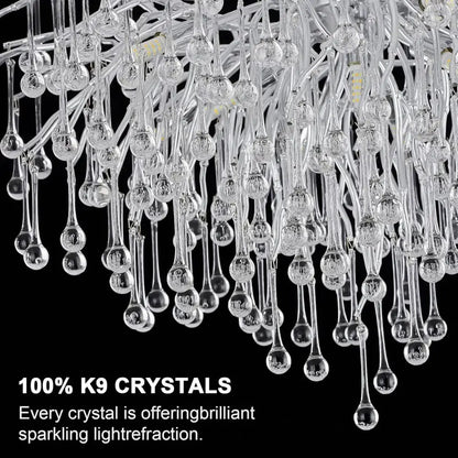 DecorBites™ modern chrome chandelier with crystal raindrops featuring teardrop k9 crystals lamp package design