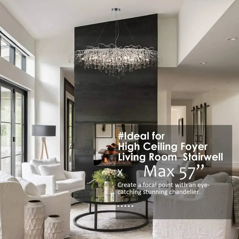 Decorbites™ modern chrome chandelier with crystal raindrops featuring a silver metallic frame and chrome rectangular crystals
