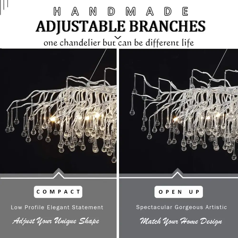 Decorbites™ modern chrome chandelier with adjustable branch-like arms and hanging chrome rectangular crystals lamp package