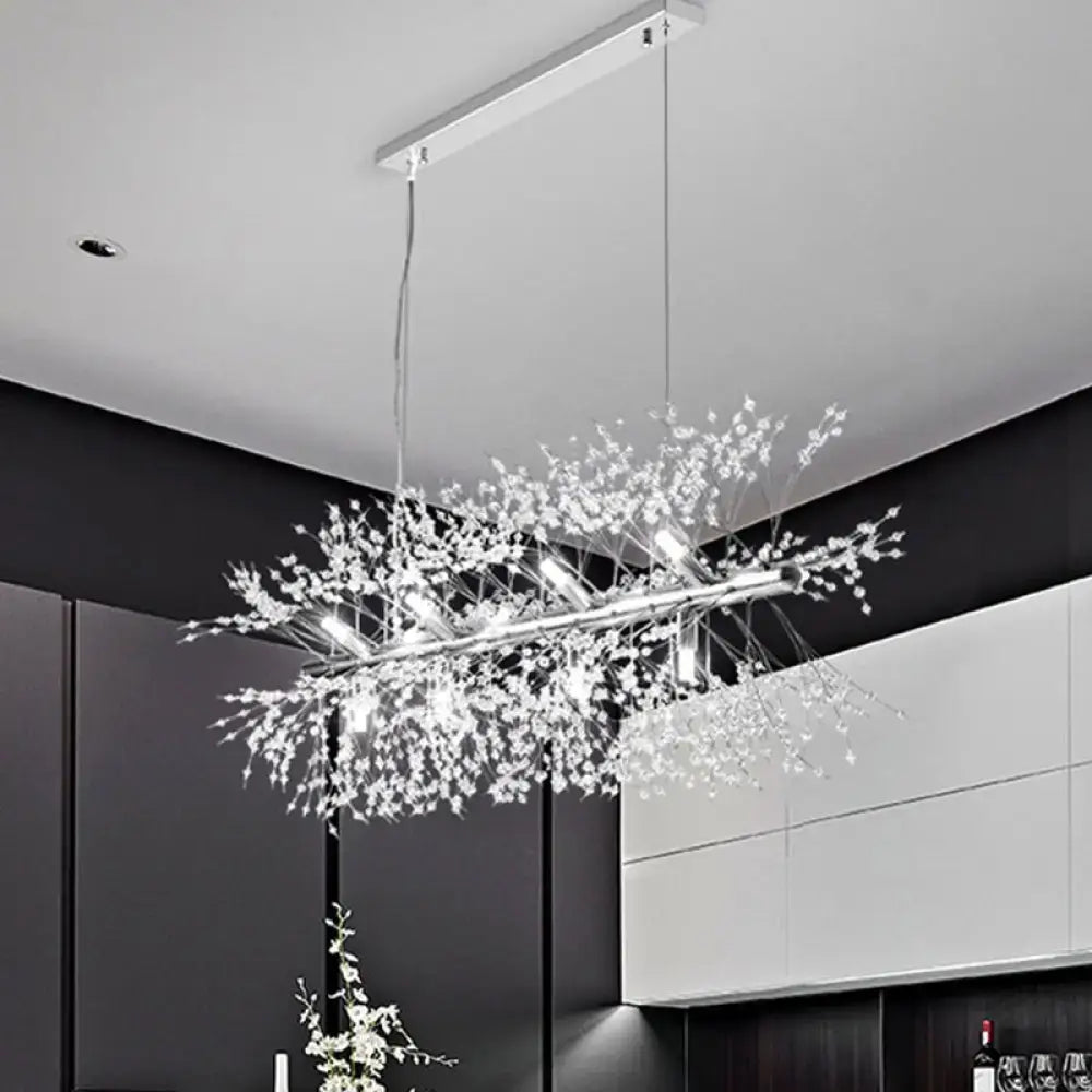 DecorBites modern chrome crystal beaded sprig island pendant ceiling light with 12 LED bulbs for kitchen hanging